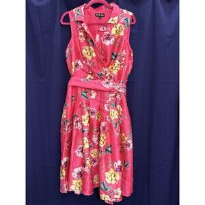 Vibrant Pink Floral Satin Wrap Dress Belted Fit Flare Wedding Guest Spring Sz16